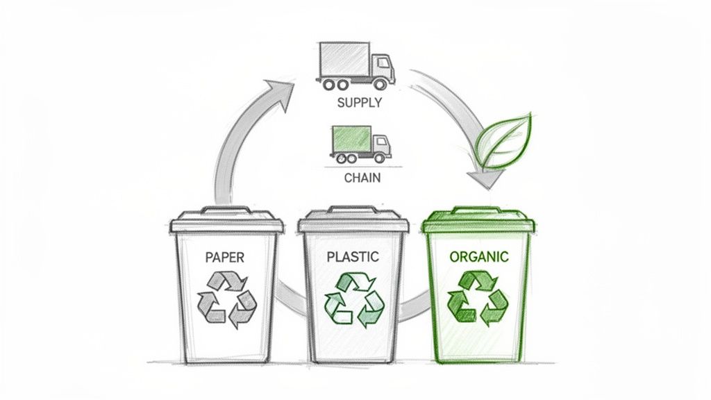Diagram illustrating a sustainable recycling cycle with supply chain trucks and sorted waste bins.