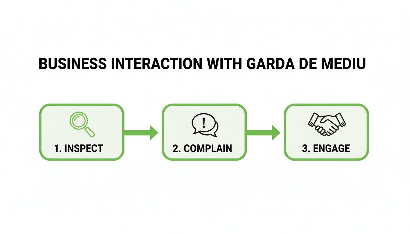 Flowchart outlining three steps for business interaction with Garda de Mediu: Inspect, Complain, Engage.