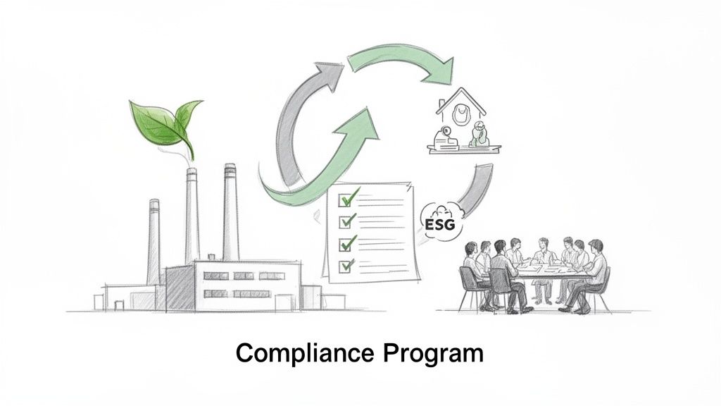 Illustration of an ESG compliance program with a factory, checklist, meeting, and circular flow.