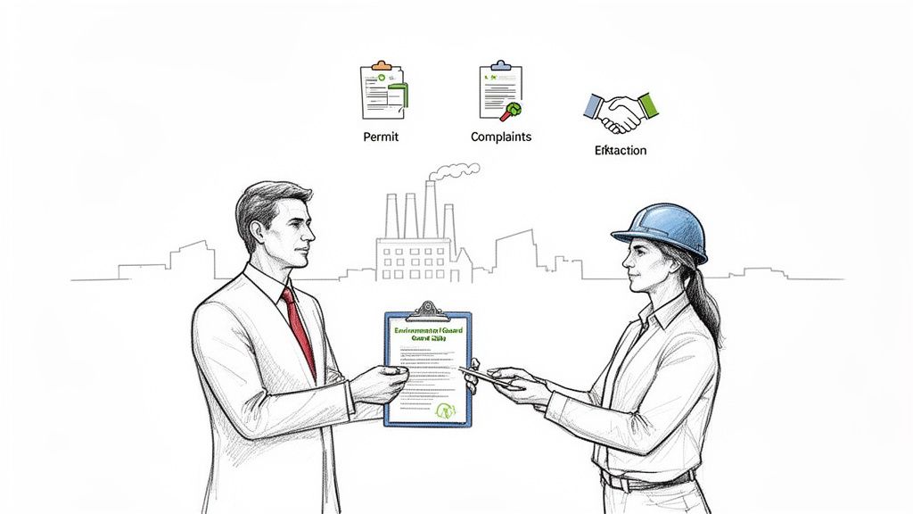 A man in a suit gives an 'Environmental Guard' document to a woman in a hard hat, near a factory.