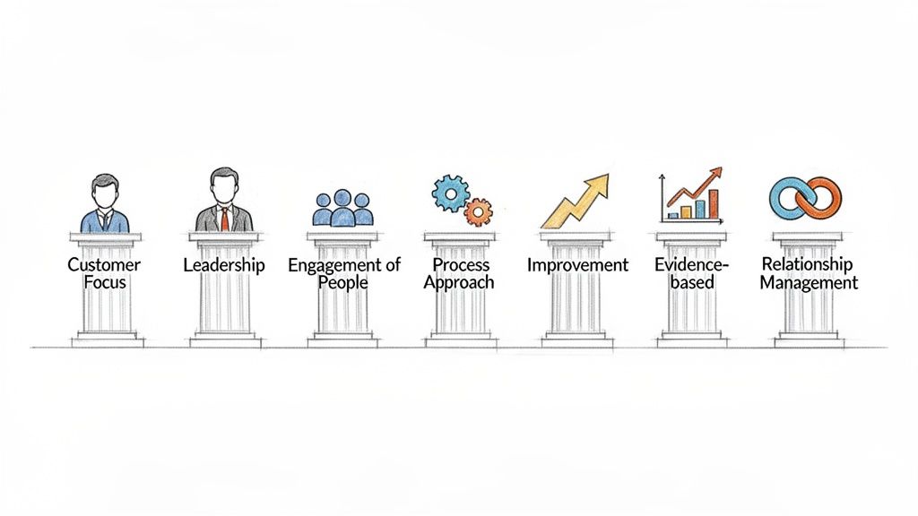 Seven pillars illustrating the ISO 9001 Quality Management Principles with icons and text.