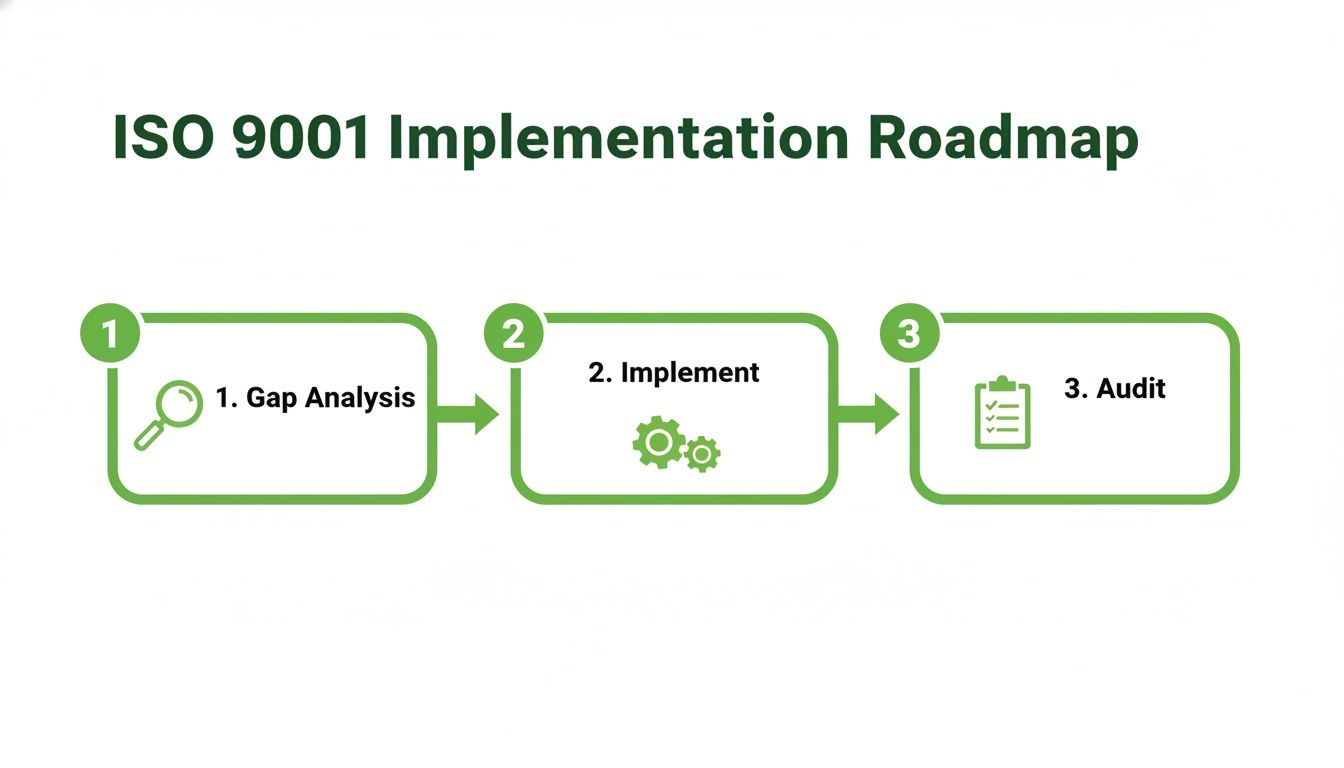 A green ISO 9001 implementation roadmap showing three key steps: Gap Analysis, Implement, and Audit.