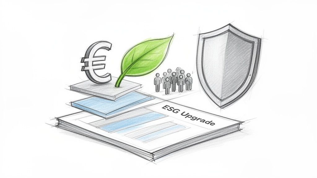 Sketch of an 'ESG Upgrade' document with Euro, green leaf, people, and shield symbols.