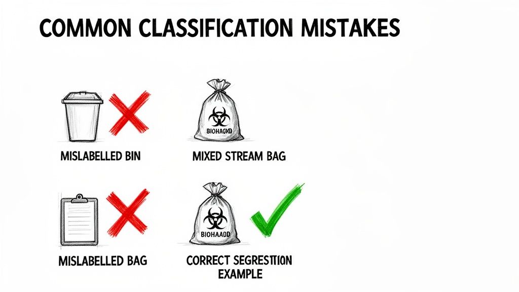 An illustration detailing common classification mistakes and correct segregation examples for medical waste.
