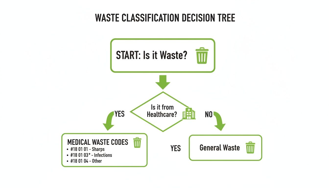 Waste classification decision tree flowchart outlining steps to categorize waste as medical or general.