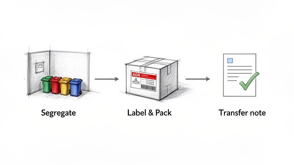 A diagram illustrates a process starting with waste segregation in colored bins, then labeling and packing a box, concluding with a transfer note.
