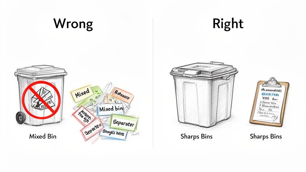 Illustration showing the wrong way (mixed waste) versus the right way (sharps bins) for specialized disposal.