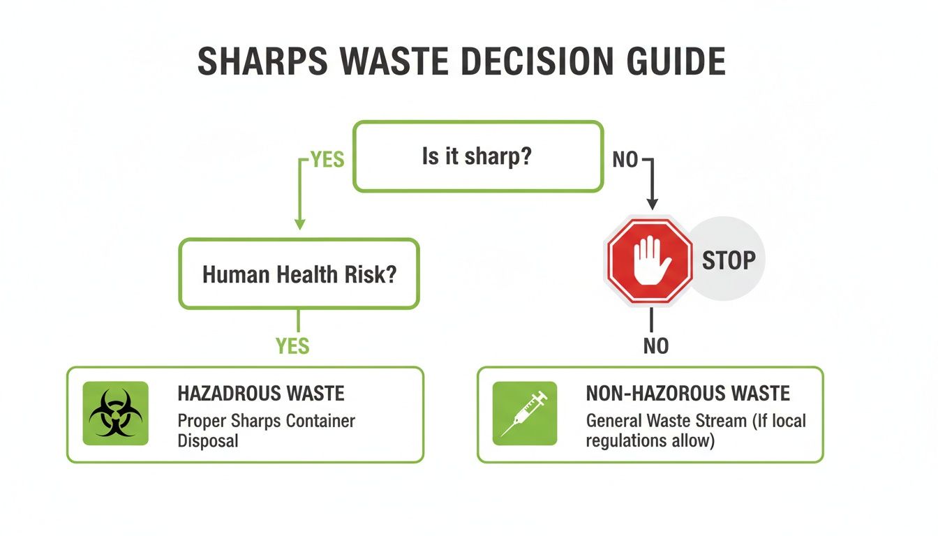 A flowchart guide for sharps waste disposal, outlining steps for hazardous and non-hazardous materials.