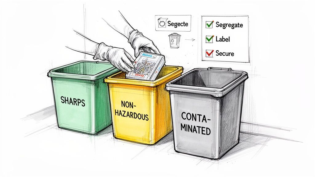 Gloved hands disposing of medical waste into color-coded bins for sharps, non-hazardous, and contaminated materials.