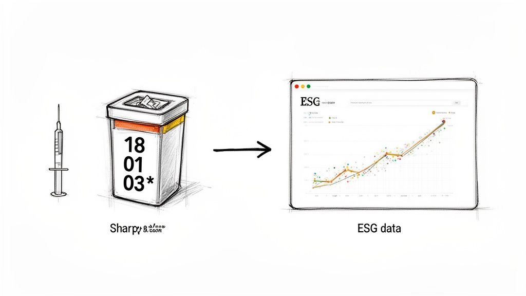 Illustration: syringe, sharps waste container labeled '18 01 03*', and an ESG data dashboard, linking medical waste to sustainability.