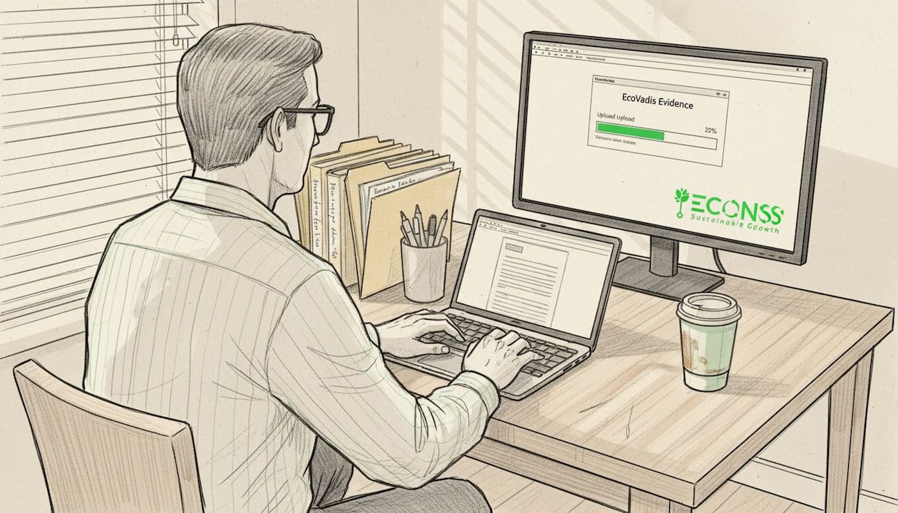 Man uploads documents for EcoVadis on laptop