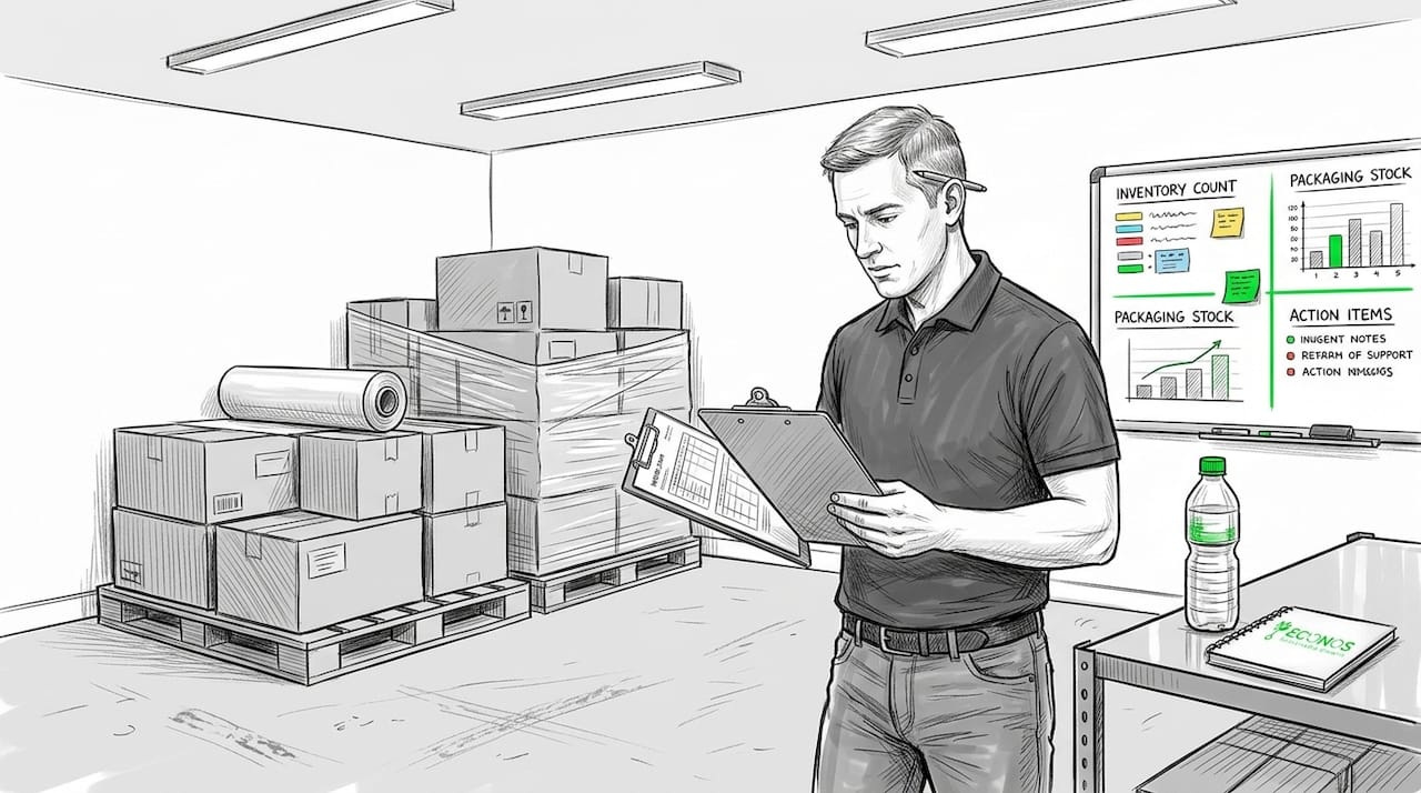 Coordinator auditing packaging materials in warehouse