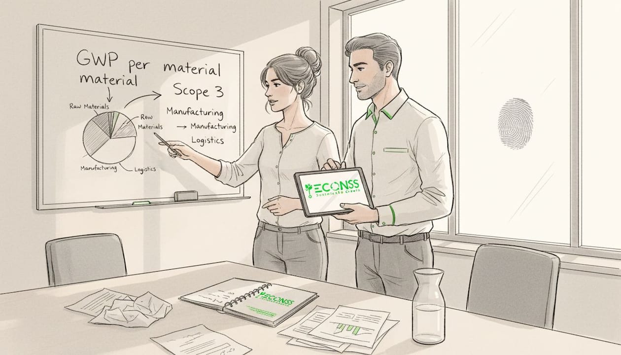 Colleagues discuss sourcing at meeting whiteboard