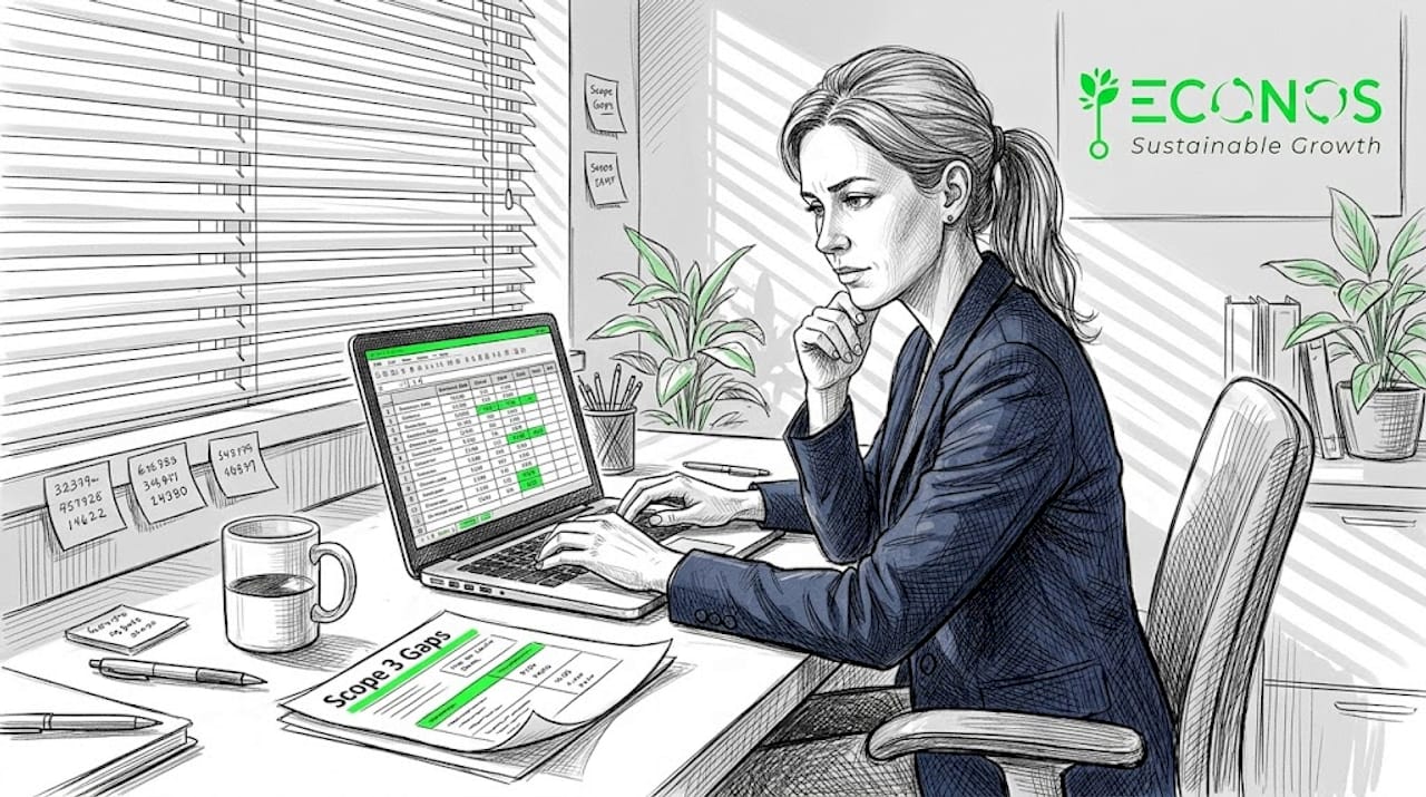 Woman reviews emissions data in company office