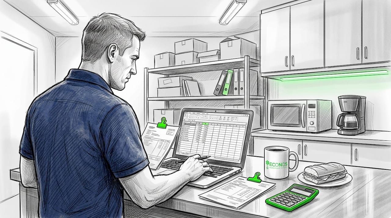 Manager entering energy data in factory break room