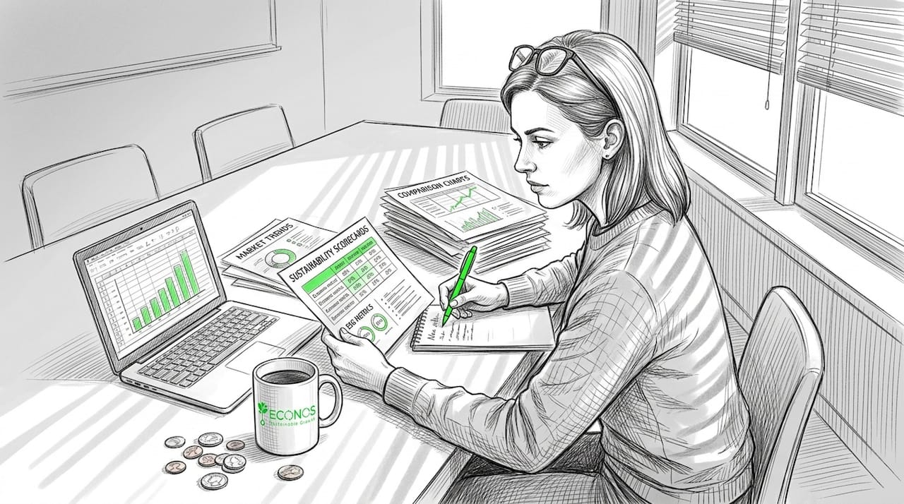 Analyst reviewing sustainability and financial scorecards