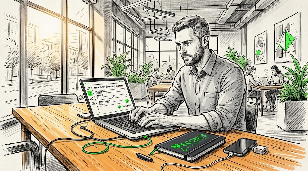 Analyst entering supplier data in co-working space