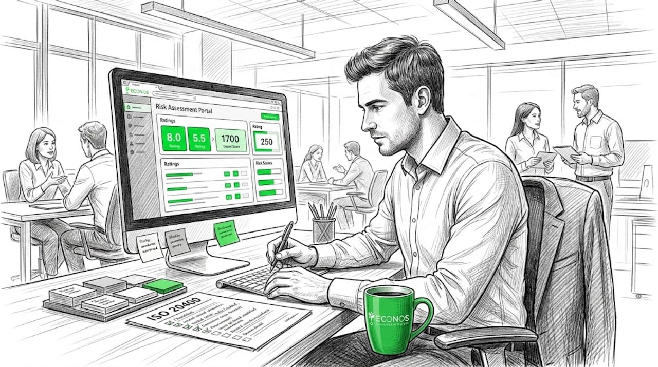 Procurement specialist using ESG risk portal at desk