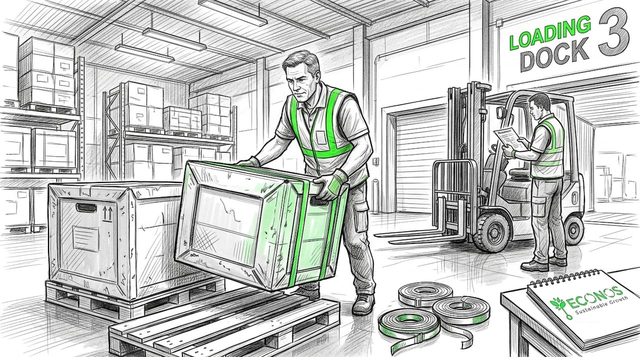 Worker handling foldable sleeve pack container in warehouse
