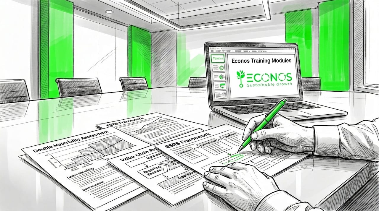 Hands reviewing ESRS training documents