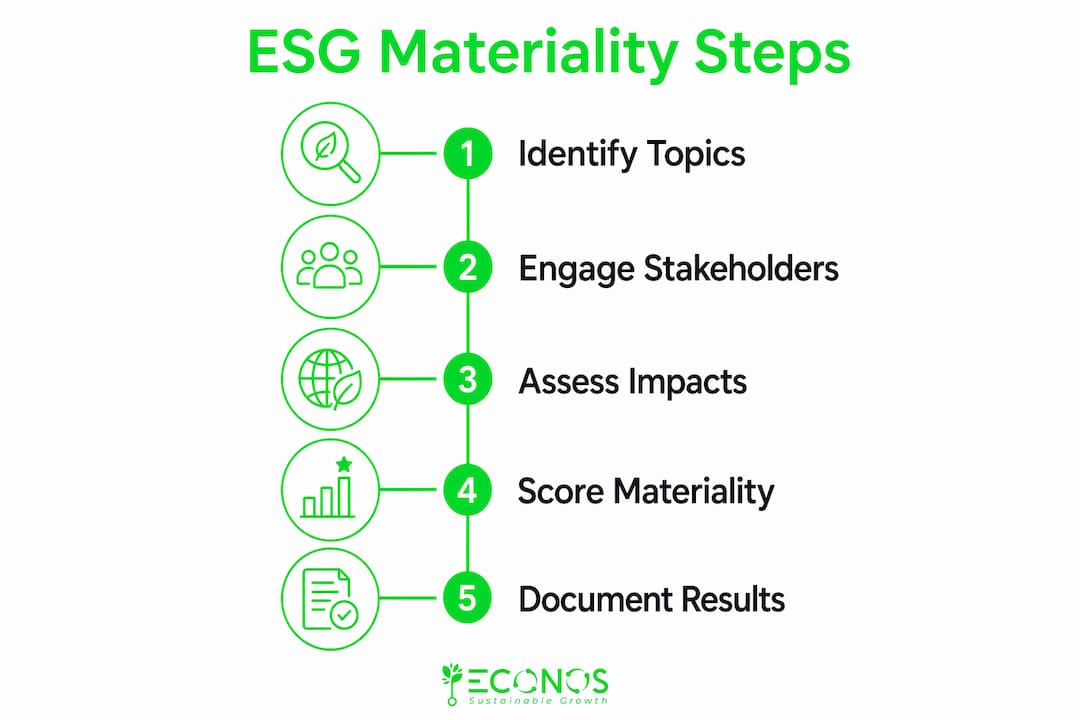 Infographic illustrating steps in ESG materiality assessment process.