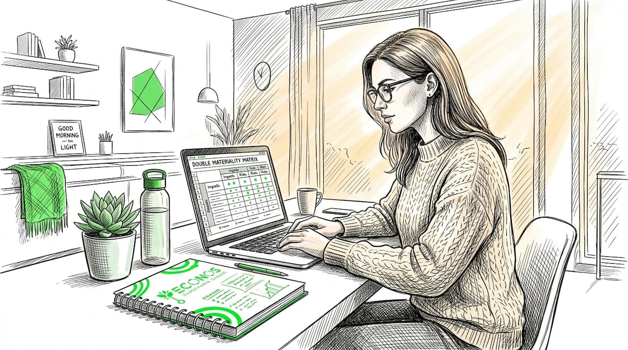 Analyst reviewing ESG materiality data at desk.
