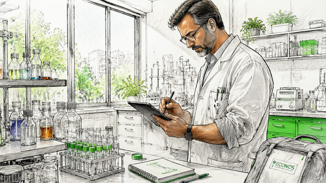 Hands writing notes on tablet in pharma lab