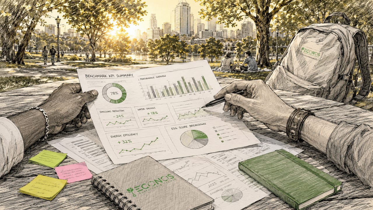 Hands examining ESG KPI benchmark charts