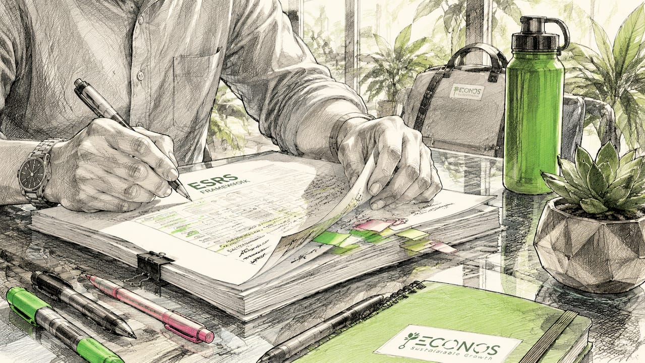 Hands annotating printed ESRS standards documents