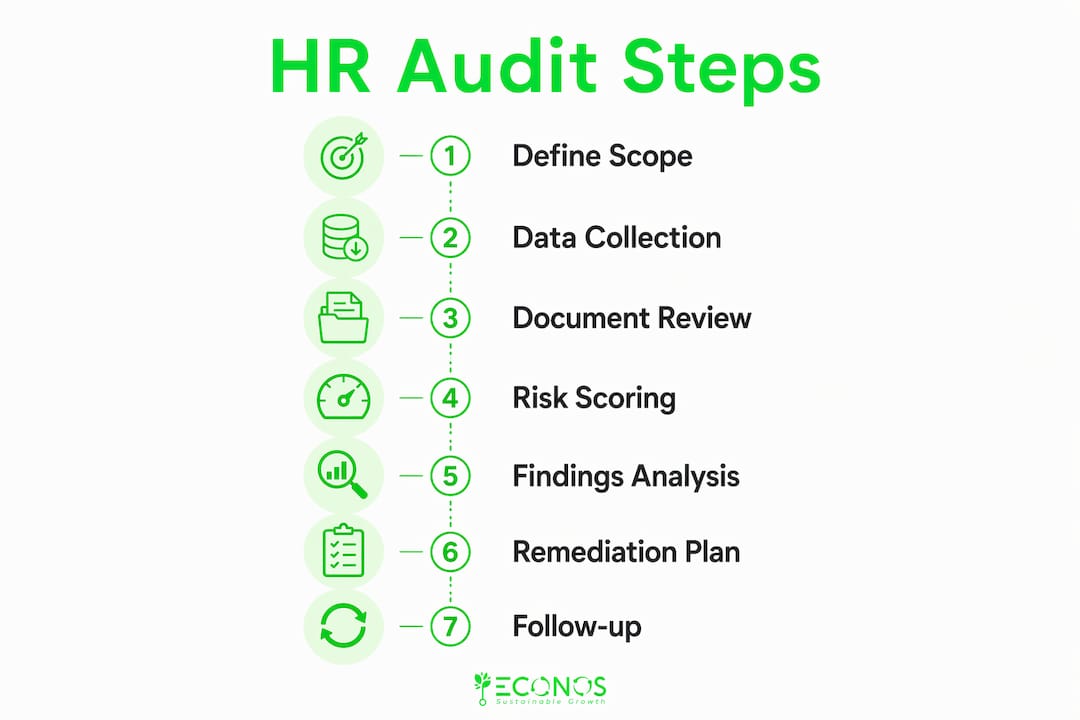 Infographic showing seven essential HR audit process steps