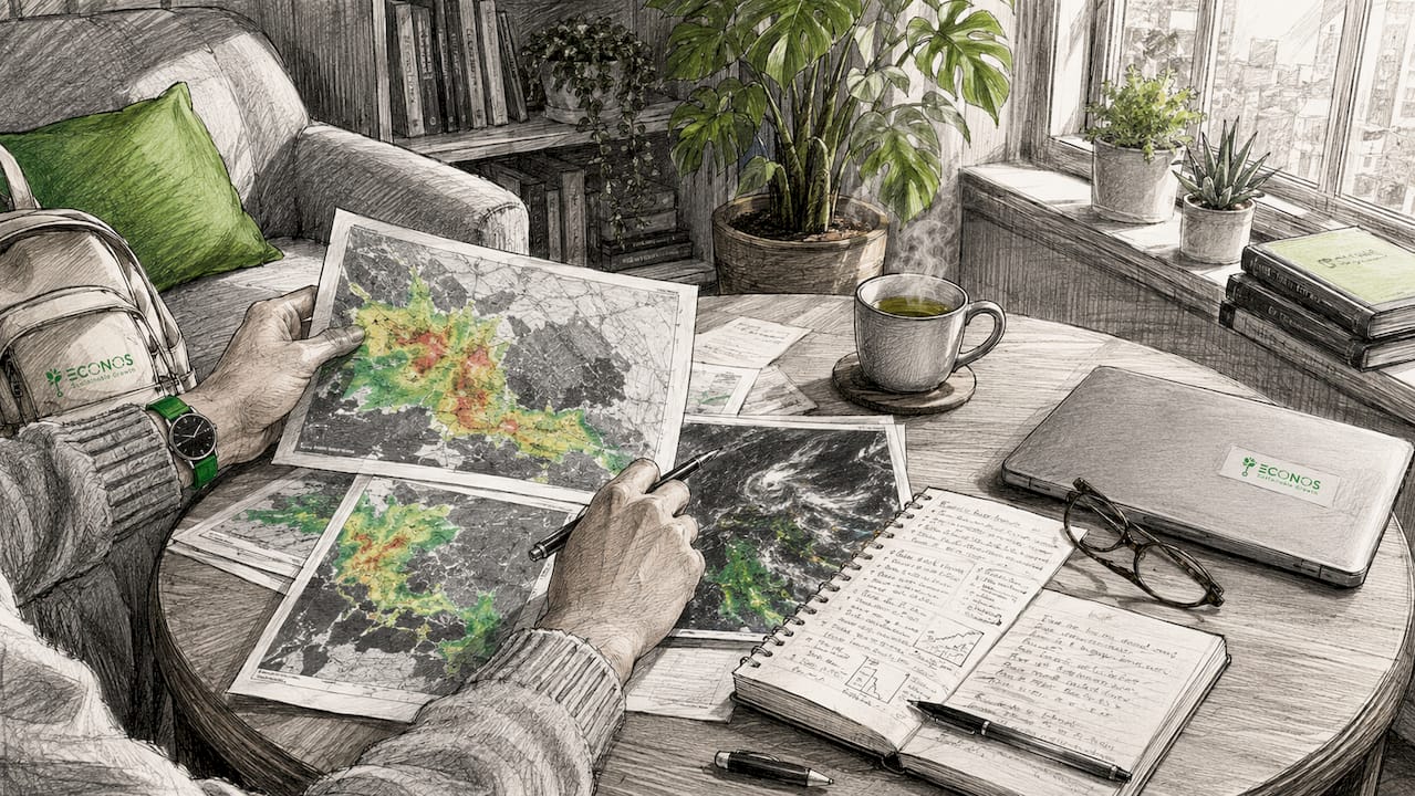 Hands analyzing pollution heat maps on desk