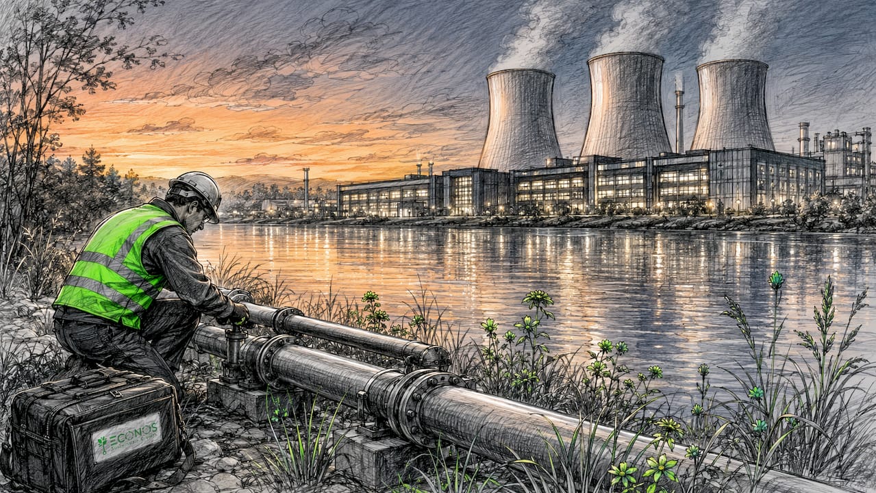 Data center cooling towers with worker outside