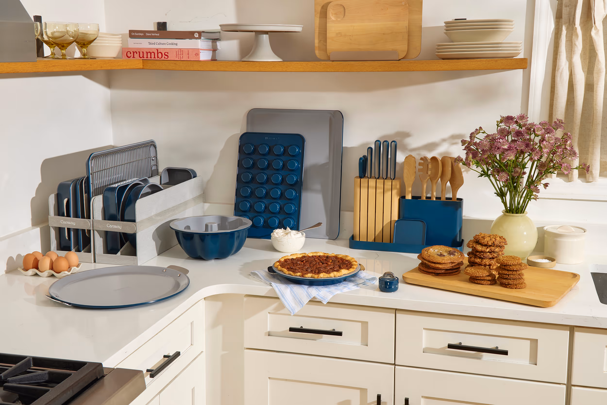 Caraway Bakeware+ Set on a kitchen counter.