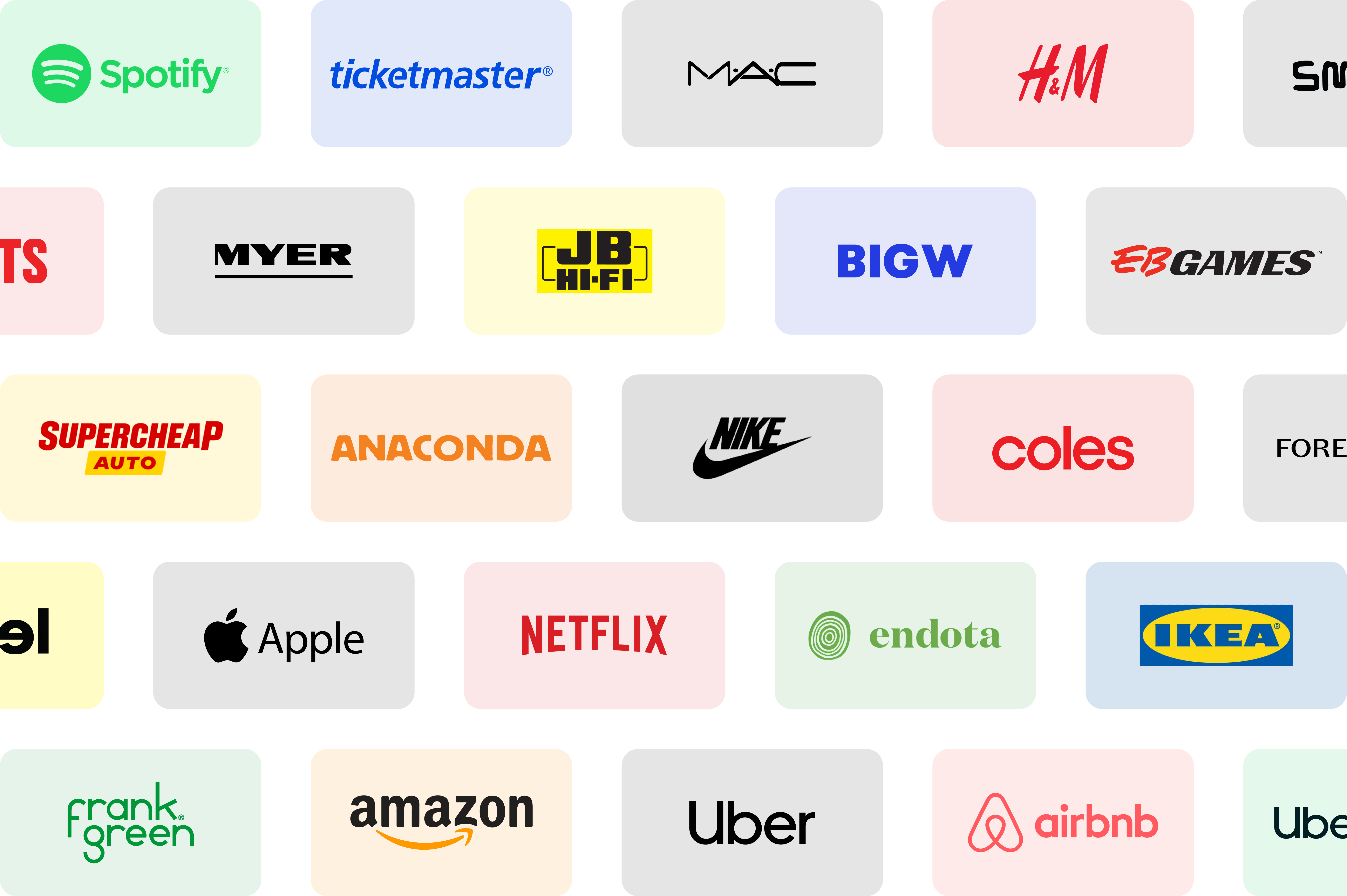 A selection of popular brands available on Giftbee, including Apple, Coles, JB Hi-Fi, BIGW, and Myer.