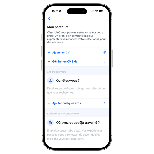 Page "mon parcours" sur l'application mobile d'intérim Side