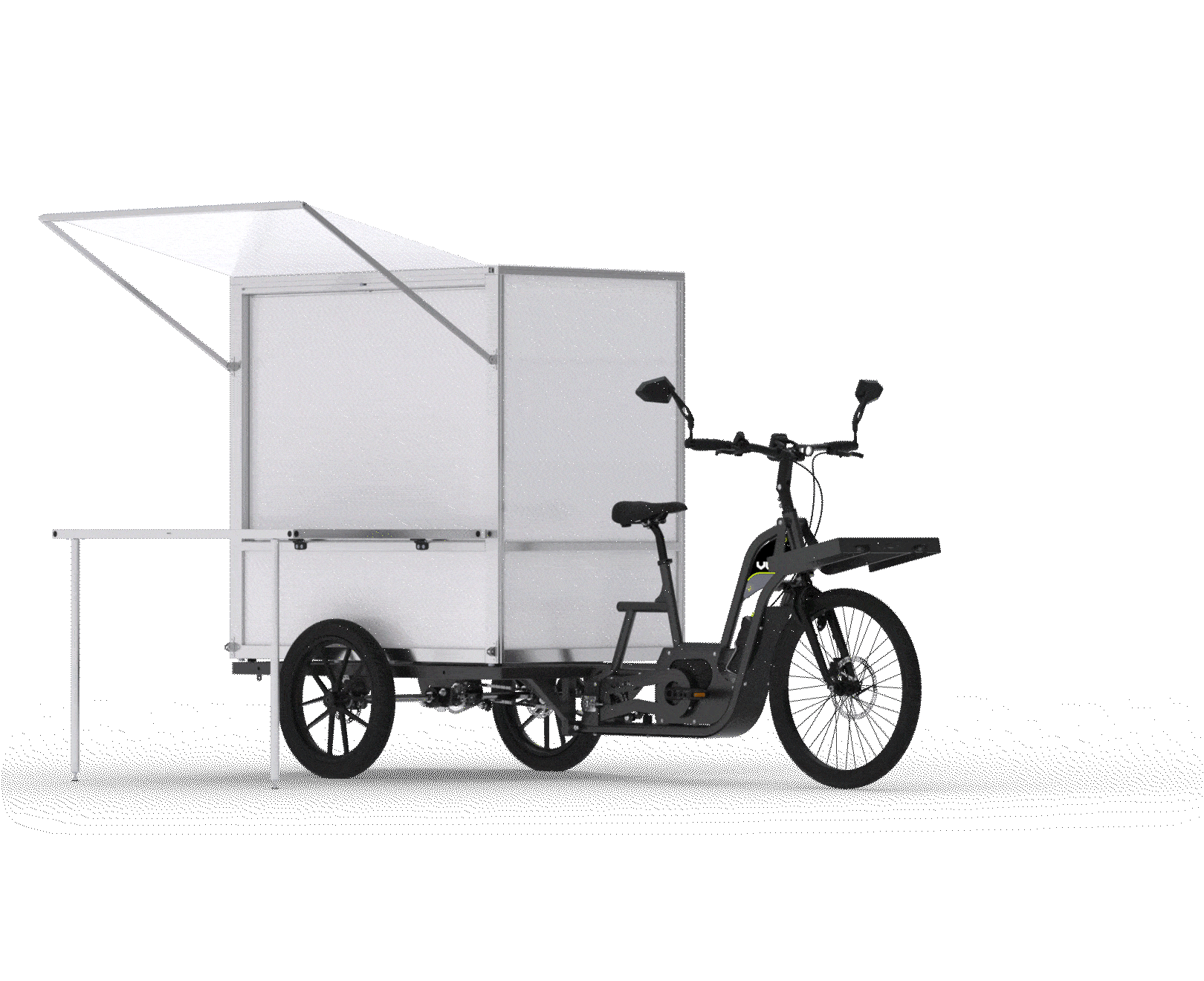 Electric cargo bike with a large white compartment and an unfolded canopy against a gray background.