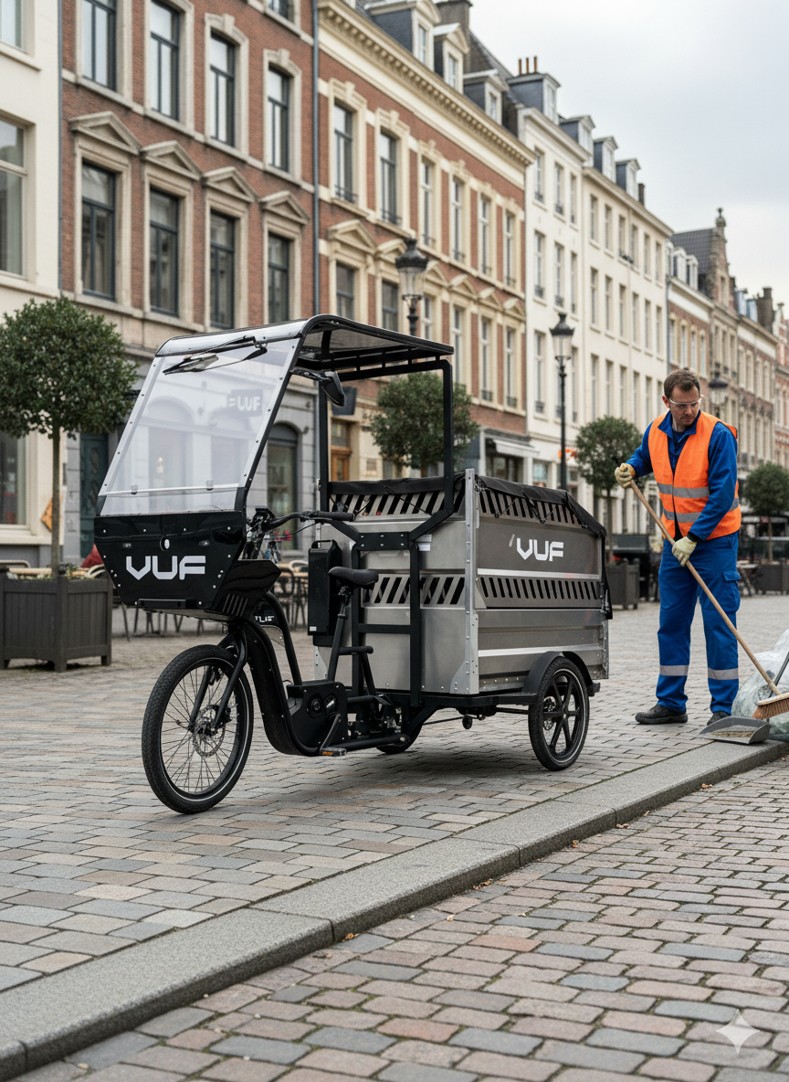 Un ouvrier en gilet orange balaye une rue pavée près d'un tricycle électrique de collecte des déchets.