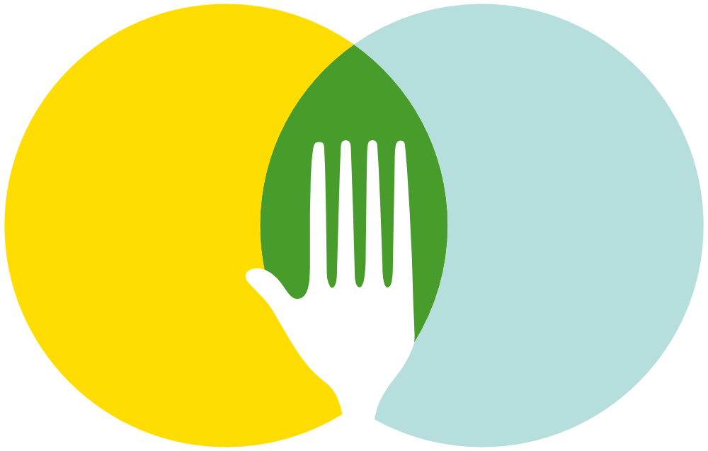 Two overlapping yellow and light blue circles with a white hand in the center of the green area.