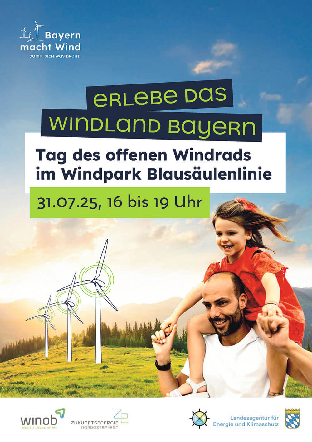 Flyer "Tag des Offenen Windrads" – Vorderseite. Abgebildet ist eine Naturlandschaft mit Windrädern im Sonnenlicht. Ein Mann trägt ein Kind auf den Schultern. Unten stehen Logos von WINOB, ZENOB und der Bayerischen Landesagentur für Energie und Klimaschutz.