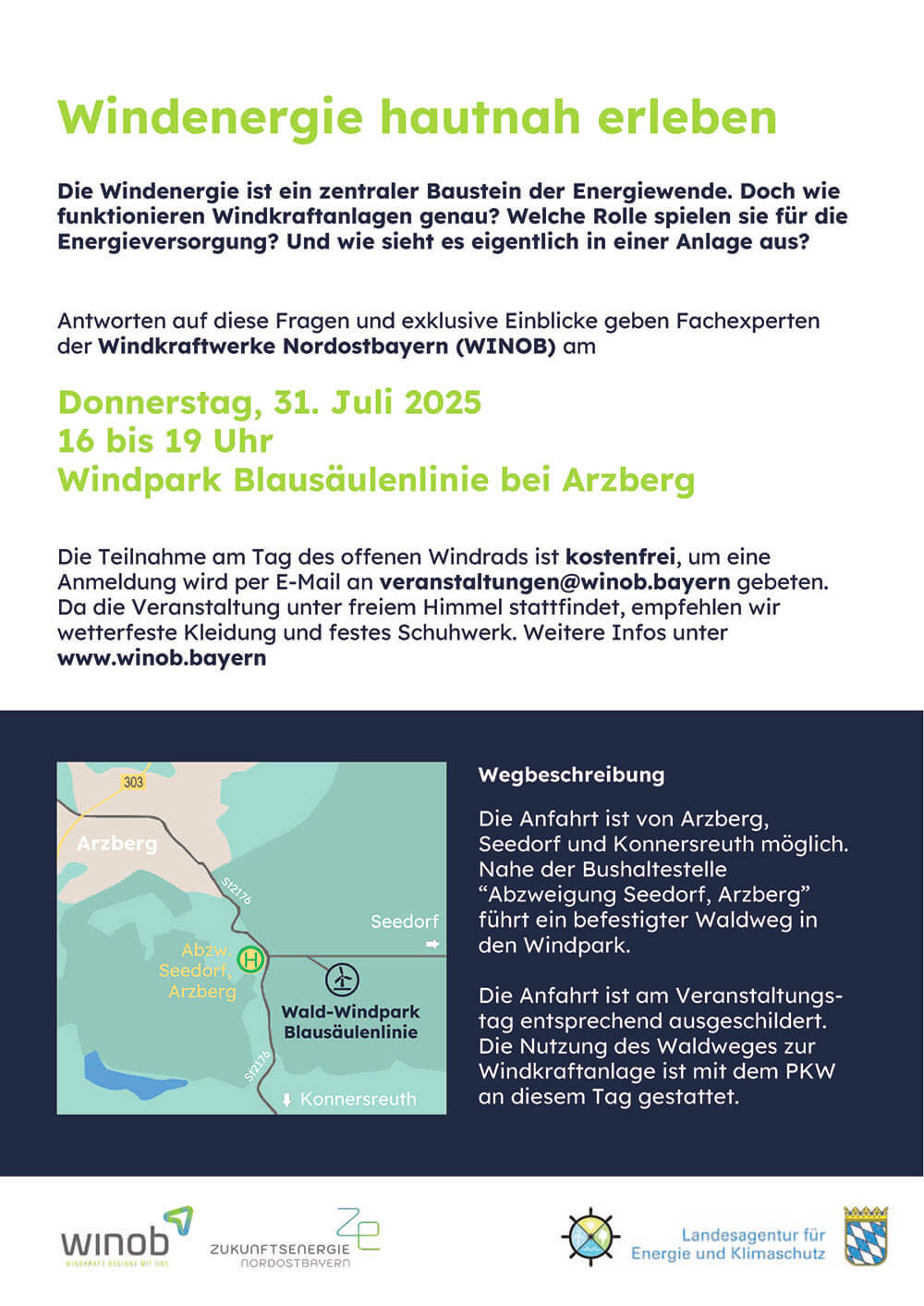 Flyer "Tag des offenen Windrads" – Rückseite mit Wegbeschreibung: Die Anfahrt ist von Arzberg, Seedorf und Konnersreuth möglich. Nahe der Bushaltestelle "Abzweigung Seedorf, Arzberg" führt ein befestigter Weg in den Windpark. Die Anfahrt ist ausgeschildert