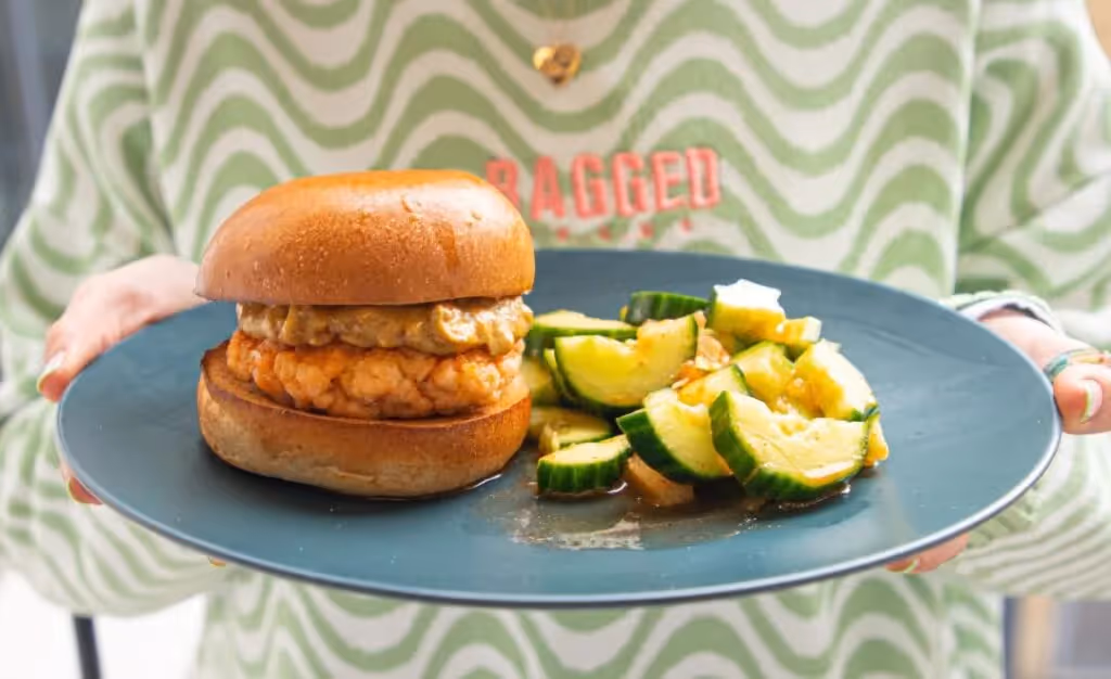 Peanut Butter Salmon Burgers with Smashed Cucumber Salad
