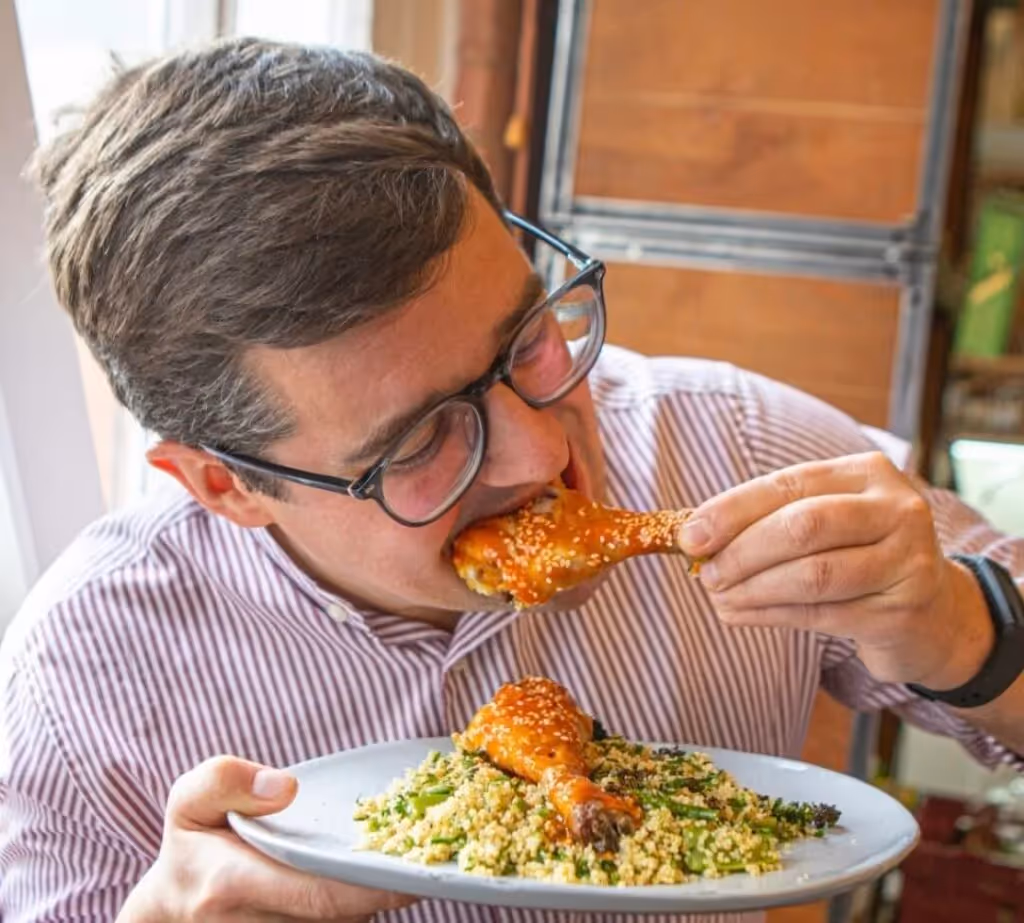 Baked Buffalo Chicken Drumsticks with Roast Broccoli Couscous