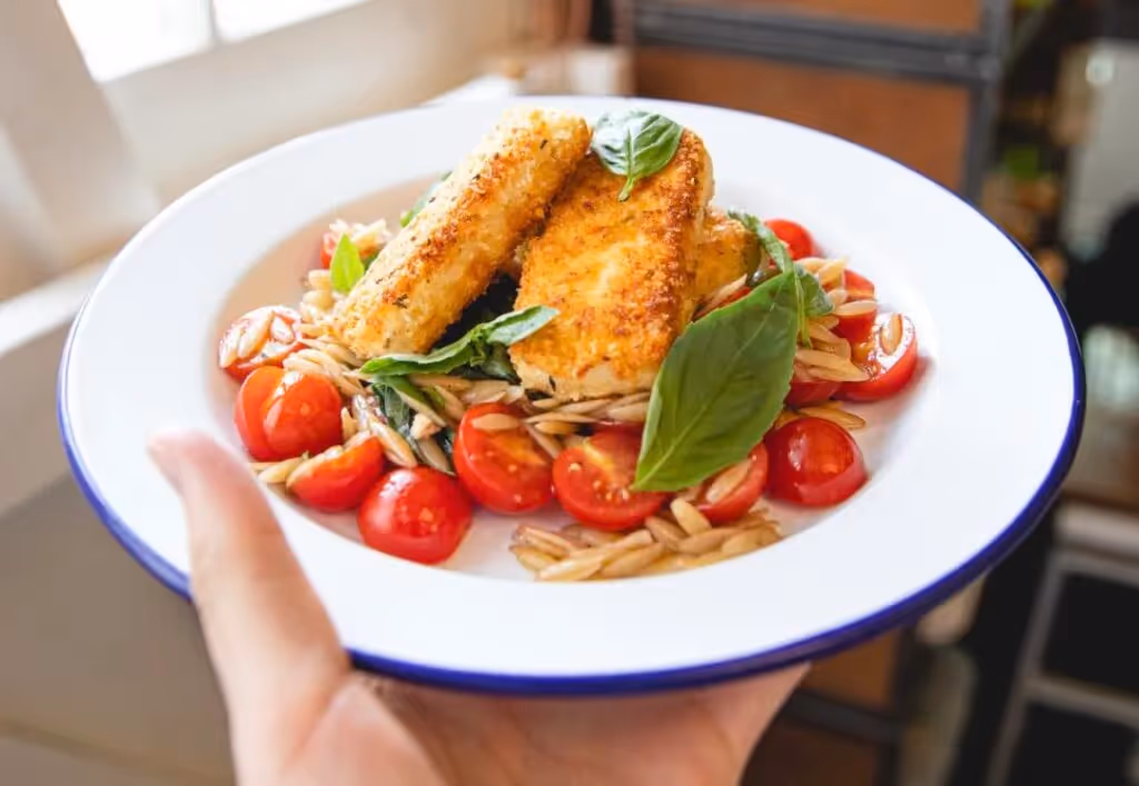 Tofu Milanese with Tomato and Orzo Salad