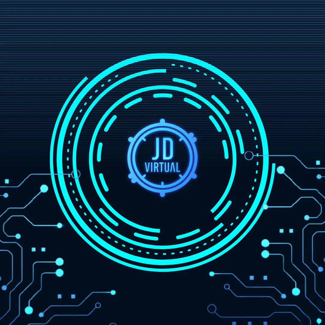 A decorative image to show the JD Virtual logo in neon blue and aqua 