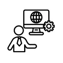 A person standing in front of a desktop computer with a line image of the world on the screen and a cog next to it icon 