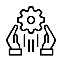 Two hands either side of a moving cog icon 