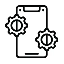 A clipboard with two cogs either side icon 