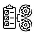 A clipboard with three ticked off processes and an arrow linking to two spinning cogs icon 