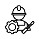 A person wearing a hard hat with a cog and a screwdriver icon 