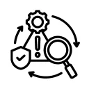 A cog, a warning triangle with an exclamation mark, a shield with a tick and a microscope all within a clockwise circle with arrows icon 